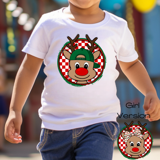 Reindeer w/Circle Checkered Background (BOY/GIRL Option) Full Color DTF Transfer