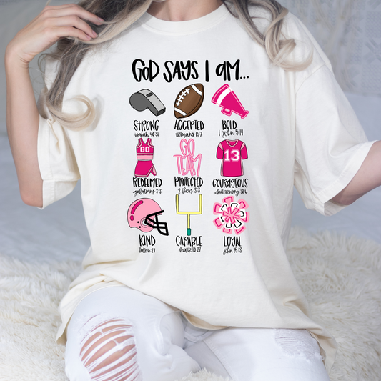 God Says I Am Football Cheer Theme Full Color DTF Transfers