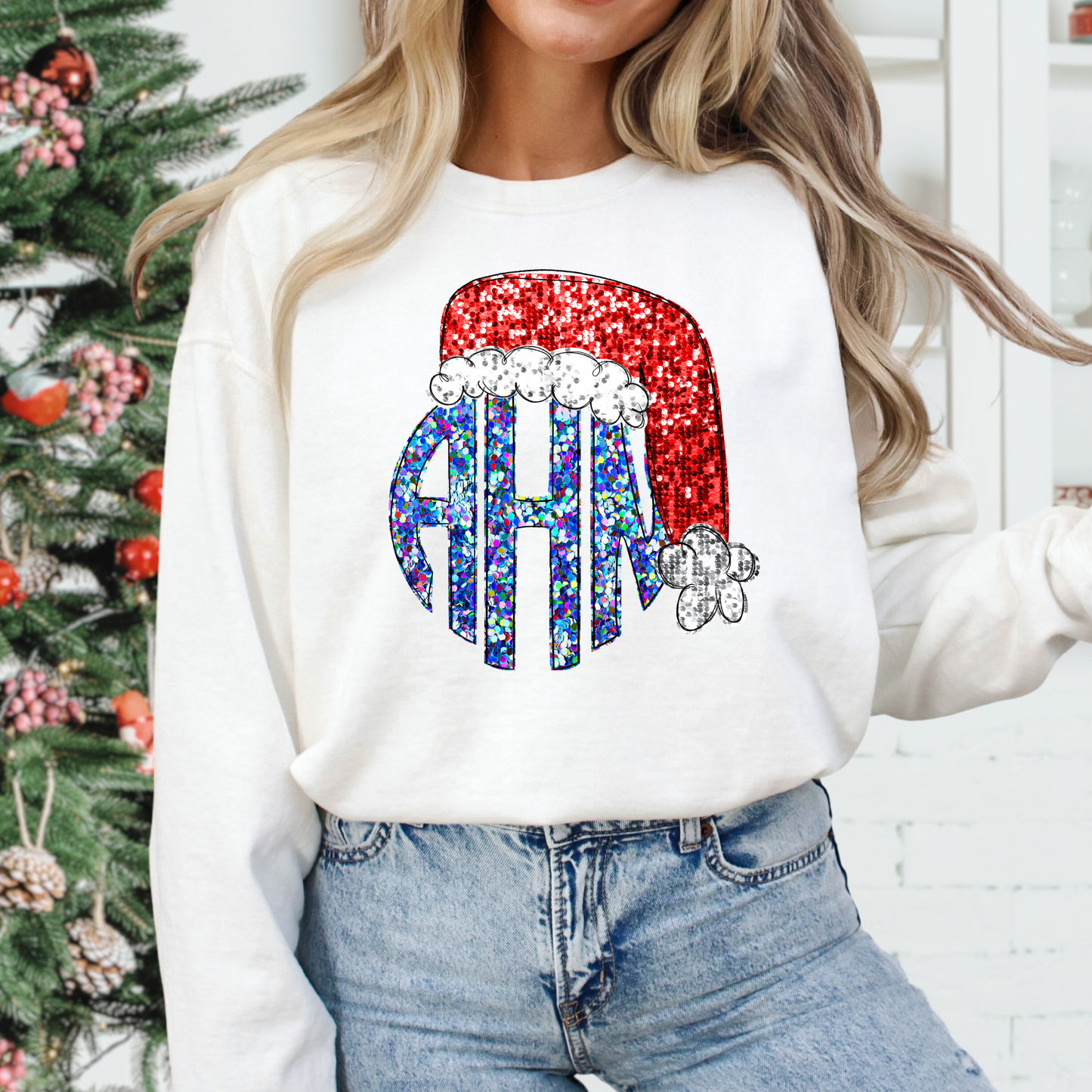 Santa Hat Monogram (Faux Sequin Glitter) Full Color DTF Transfer