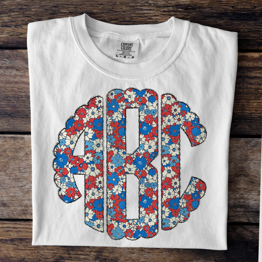 Red White and Blue Floral Monogram Full Color DTF Transfer