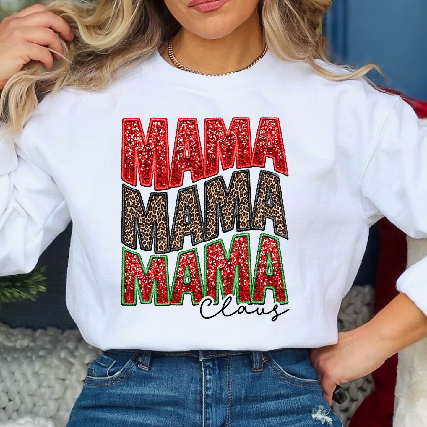 Mama (Repeat) Claus (Faux Embroidery and Glitter) Full Color DTF Transfers