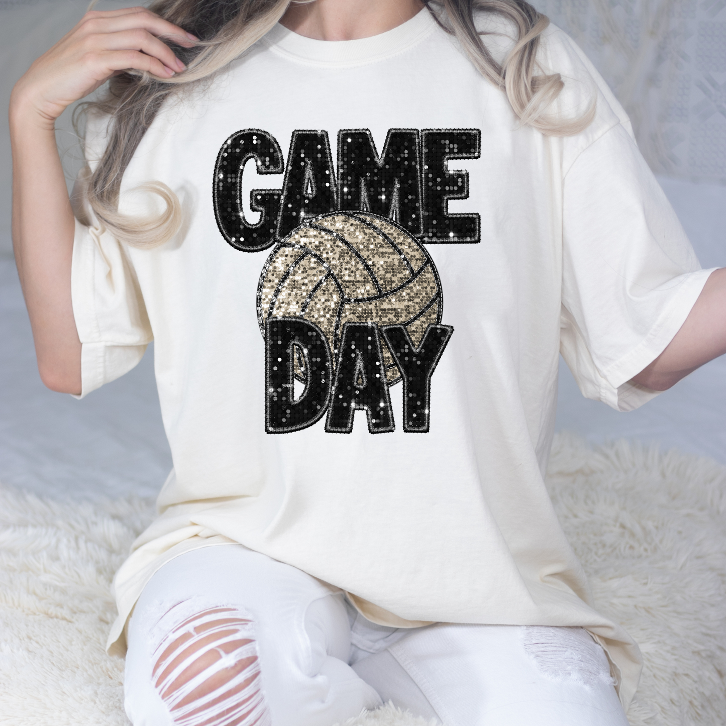 Game Day Volleyball (Faux Embroidery w/Sequins) Full Color DTF Transfer