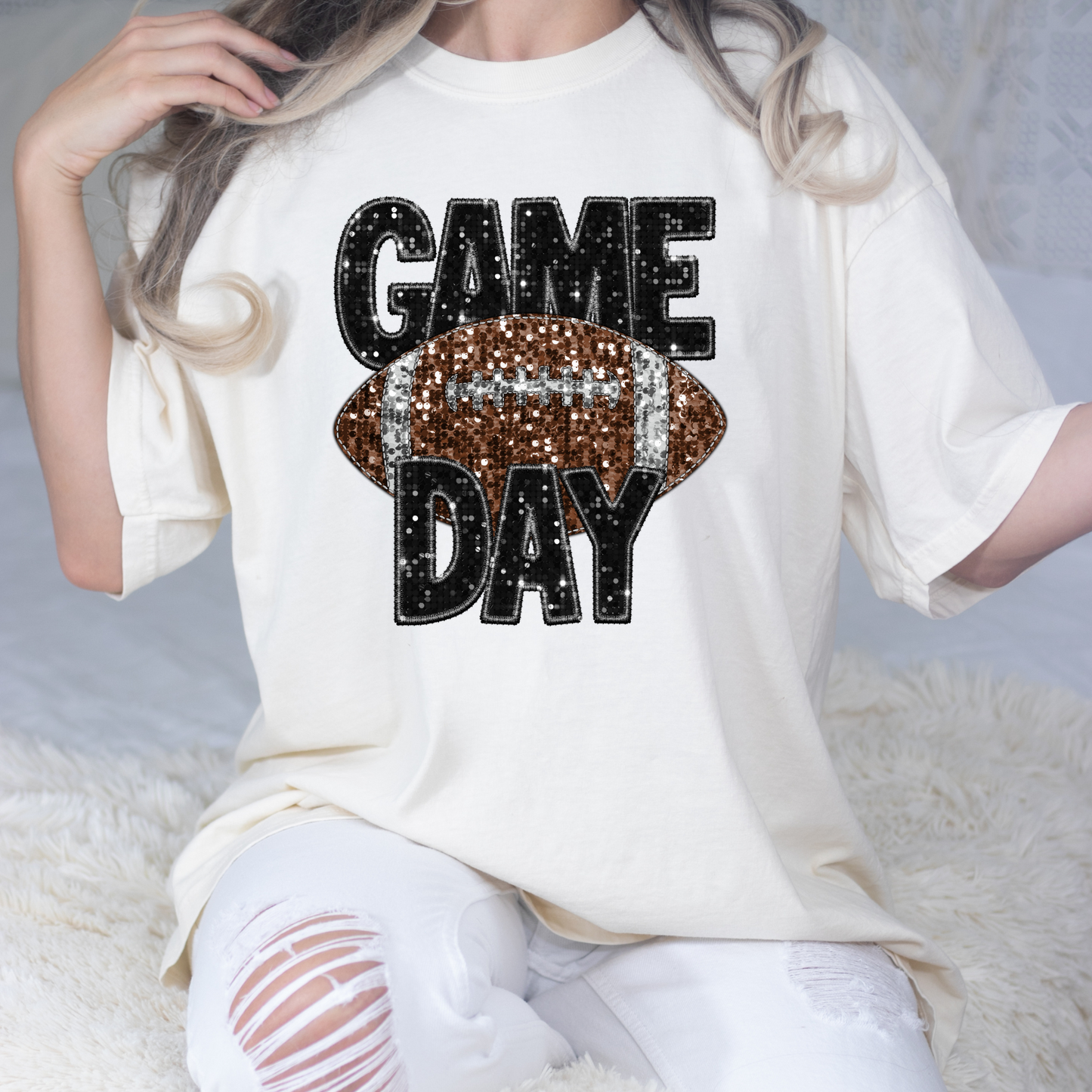 Game Day Football (Faux Embroidery w/Sequins) Full Color DTF Transfer