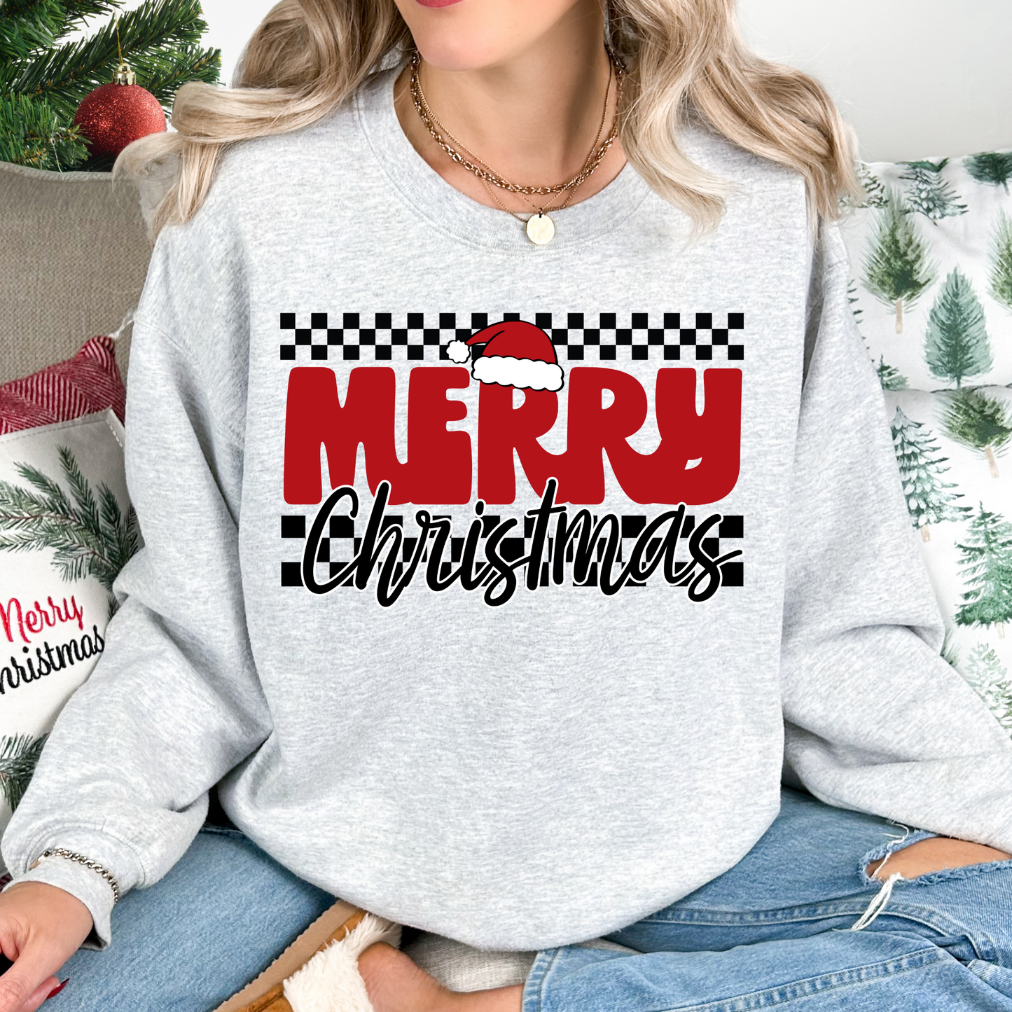 Merry Christmas (Checkered w/Santa Hat) Full Color DTF Transfer