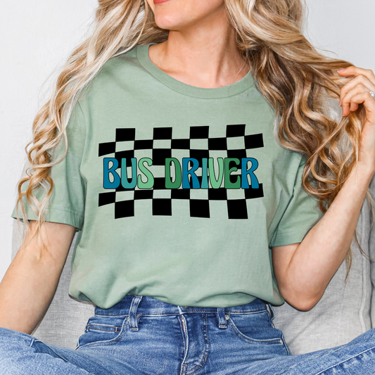 Bus Driver (Blues/Greens Checkered Background) Full Color DTF Transfer