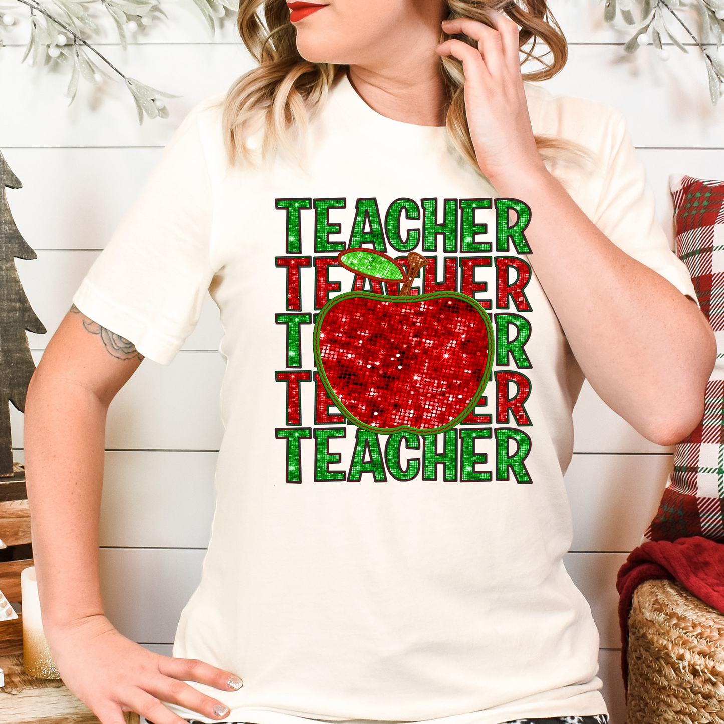 Teacher Repeat Apple (Faux Sequin and Embroidery) Full Color DTF Transfer