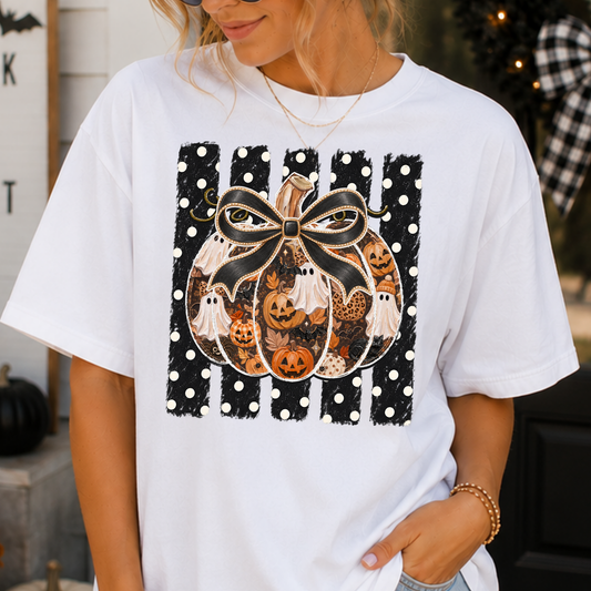 Pumpkin/Ghost Pattern Pumpkin w/ Striped Background Full Color DTF Transfer
