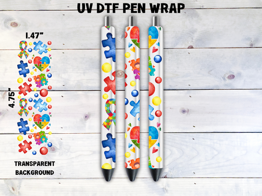 Autism Awareness (Puzzle Pieces, Heart, Ribbon) UV DTF Pen Wrap Transfer