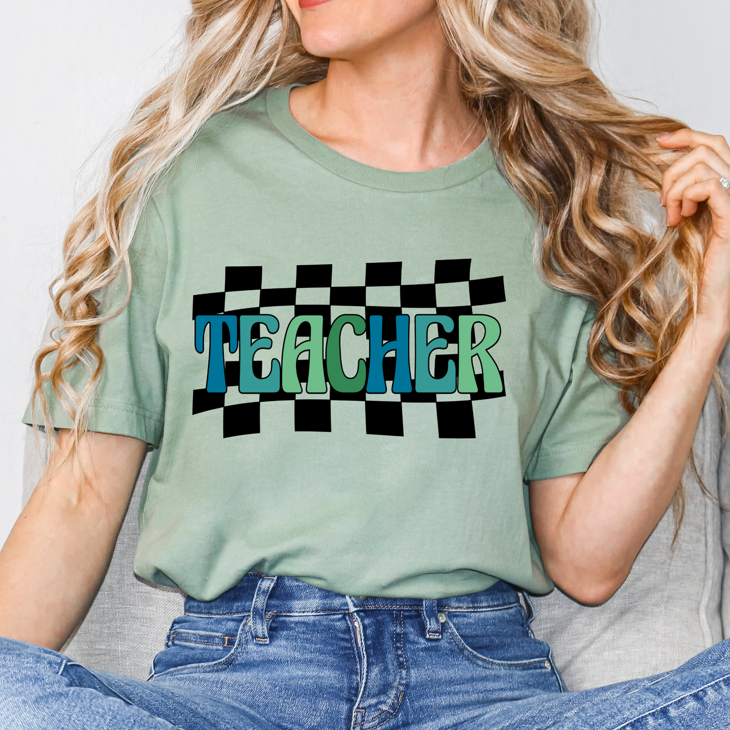 Teacher (Blues/Greens Checkered Background) Full Color DTF Transfer