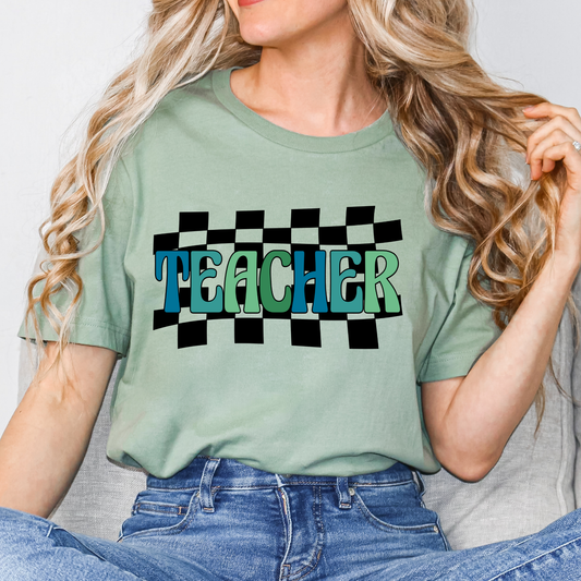 Teacher (Blues/Greens Checkered Background) Full Color DTF Transfer