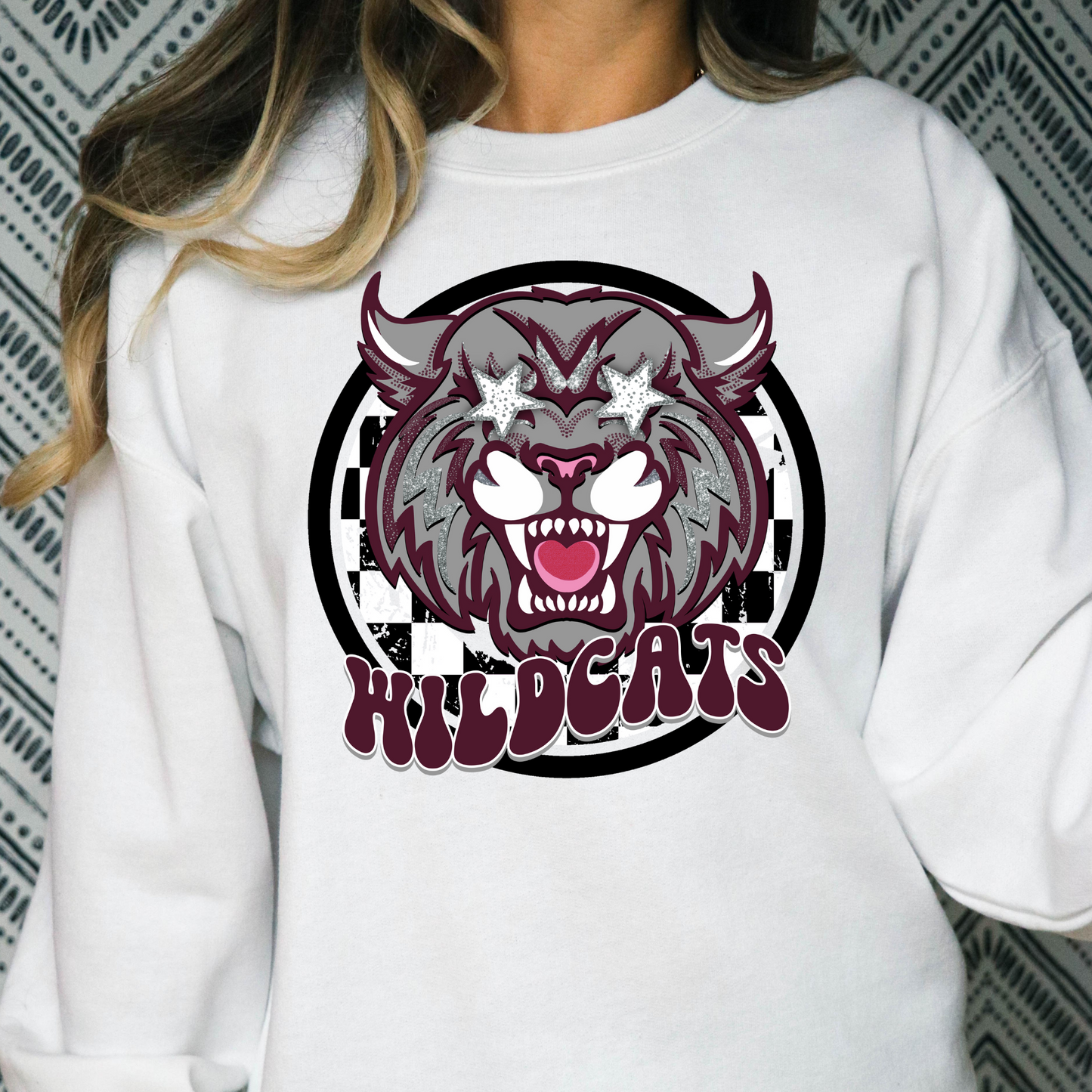 Wildcats Mascot (Maroon w/Checkered Background) Full Color DTF Transfer