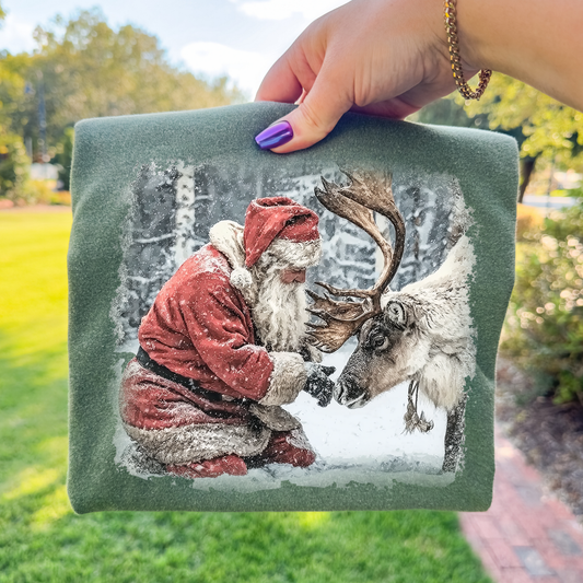 Vintage Santa w/Reindeer Full Color DTF Transfer
