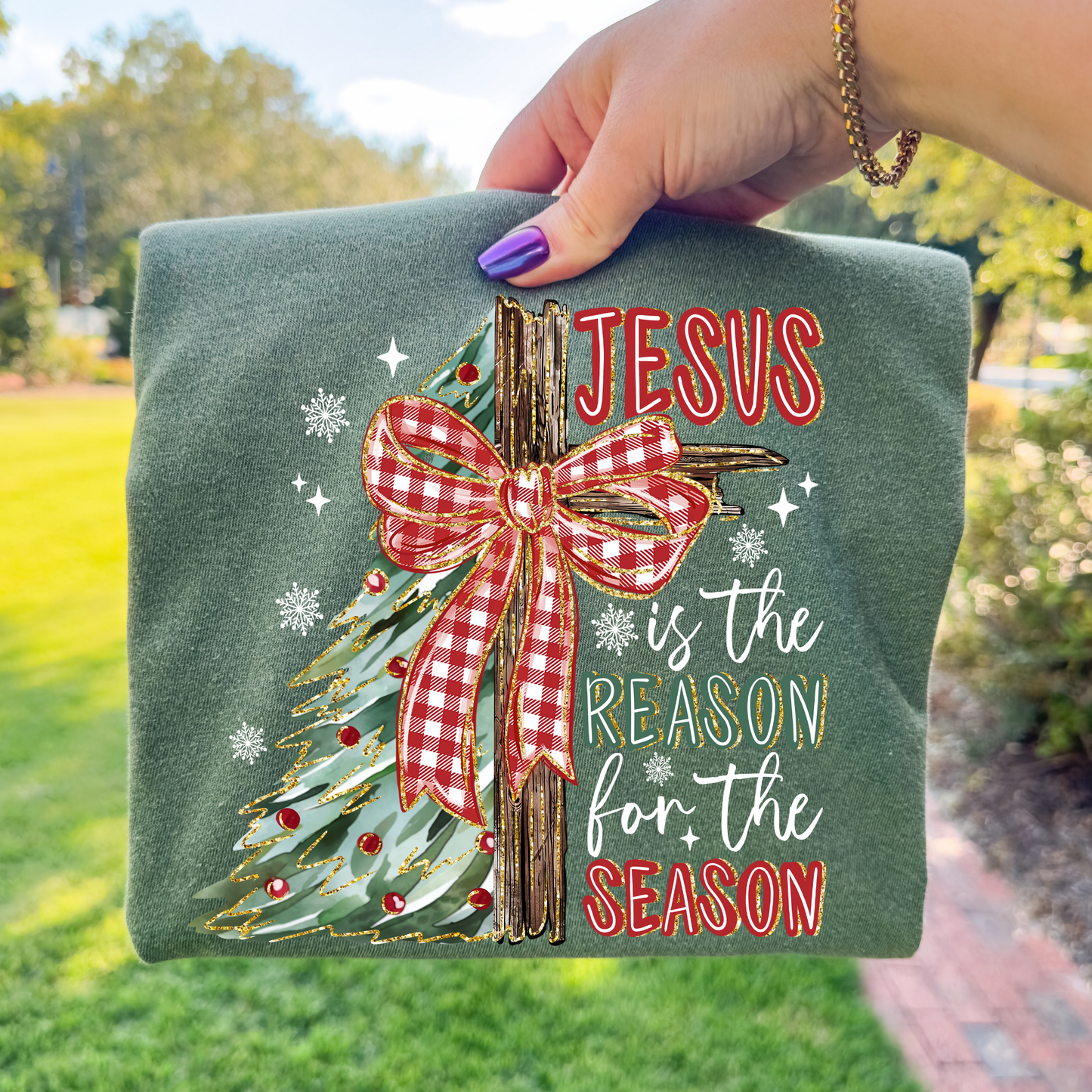 Jesus Is The Reason For The Season (Wood Cross w/Bow) Full Color DTF Transfer