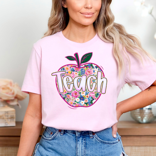 Teach Apple (Pink Floral) Full Color DTF Transfer