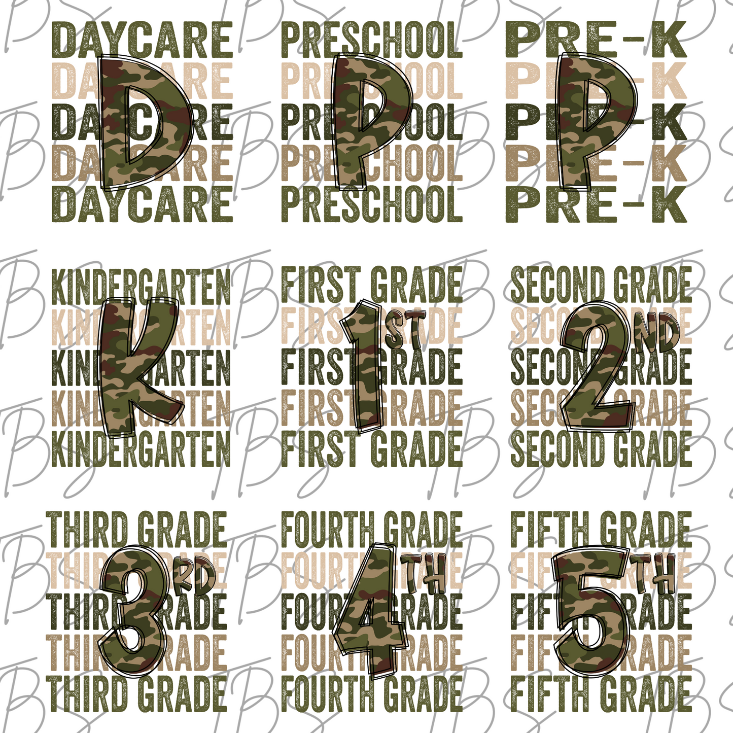 Camo Repeat Grade (MULTI GRADE OPTIONS)  Back To School Full Color DTF Transfers