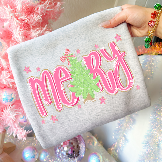 Merry (Pink w/Tree) Full Color DTF Transfer