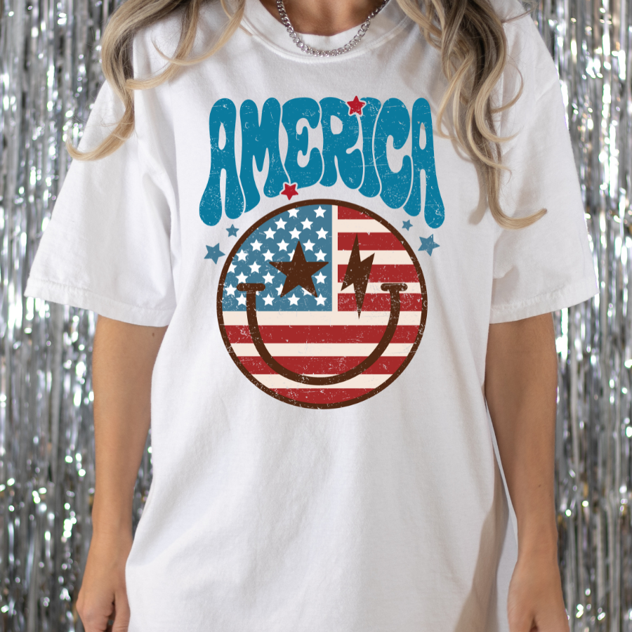 America w/Flag Smiley Full Color DTF Transfer