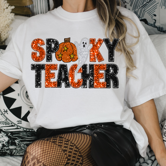 Spooky Teacher (Faux embroidery w/Sequins) Full Color DTF Transfer