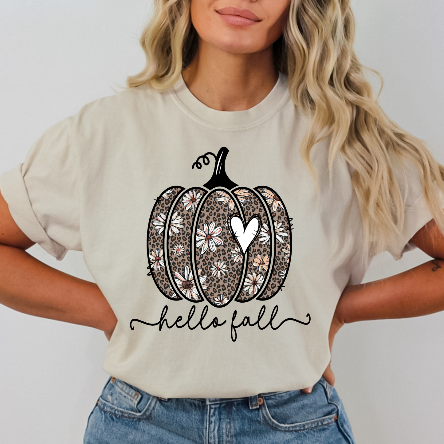 Hello Fall Leopard Floral Pumpkin Full Color DTF Transfer