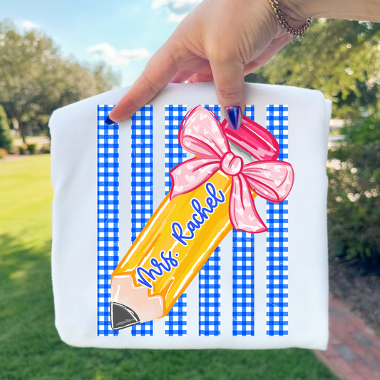 Personalized Pencil w/Blue Plaid Background Full Color DTF Transfer