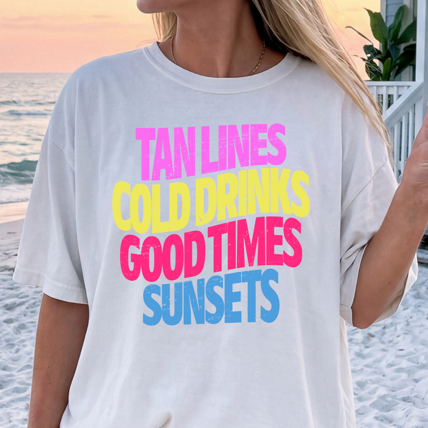 Tan Lines Cold Drinks Good Times Sunsets Full Color DTF Transfer