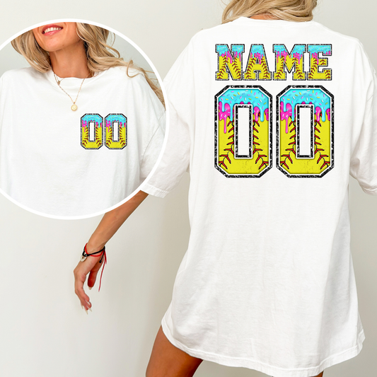 Personalized Name/Number Softball Drip Full Color DTF Transfer
