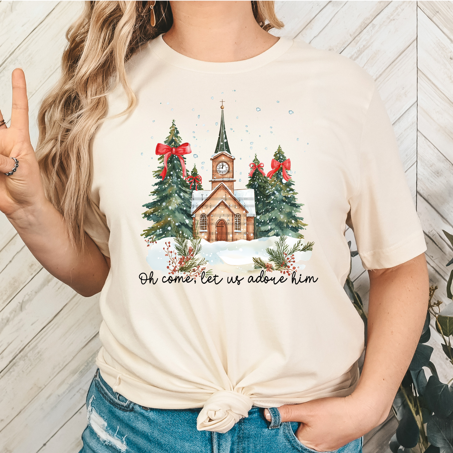 Oh Come Let Us Adore Him (Church and Christmas Trees) Full Color DTF Transfer