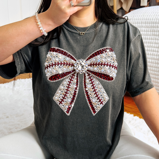 Rhinestone Baseball (Red Accent) Bow Full Color DTF Transfer