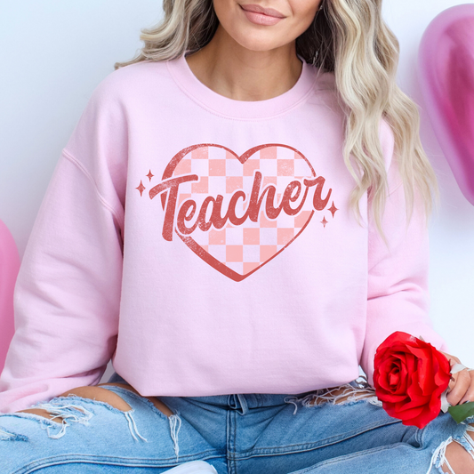 Distressed Teacher Checkered Heart Full Color DTF Transfer