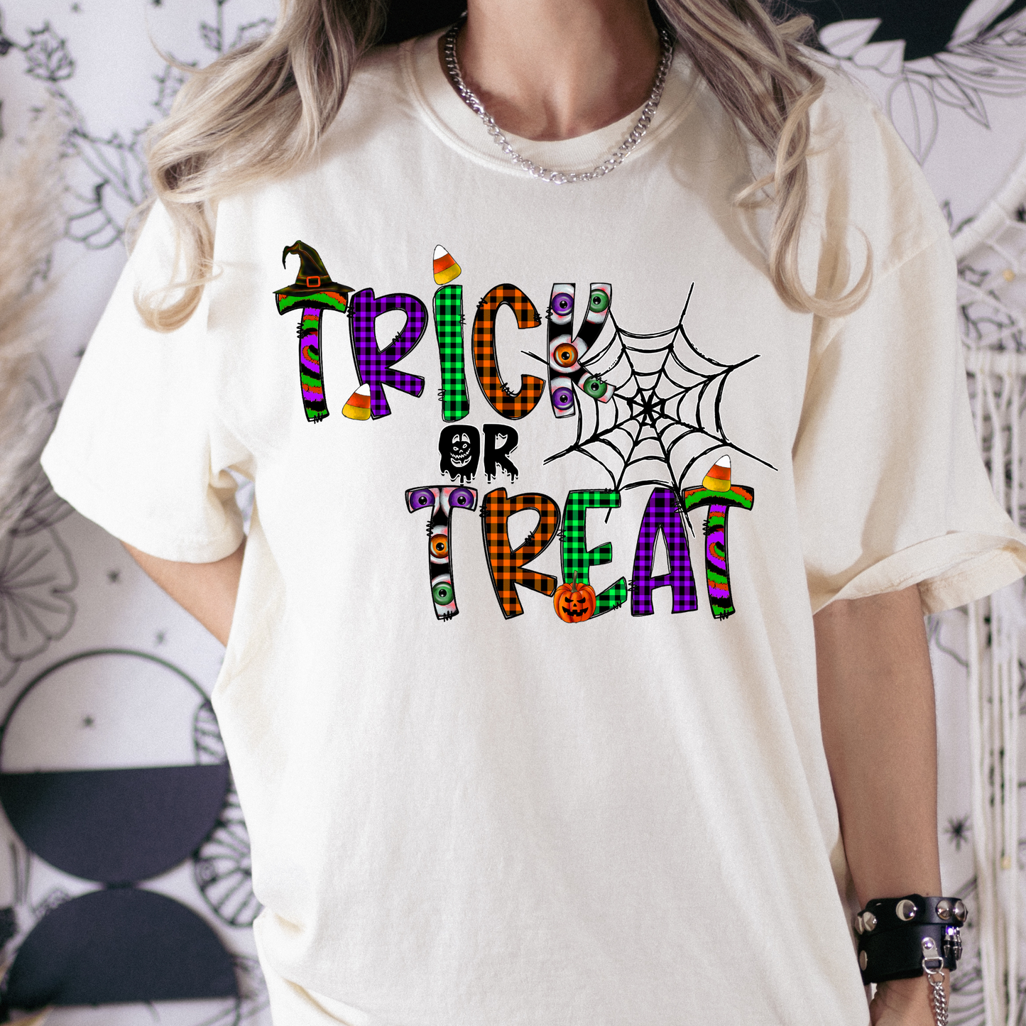 Trick or Treat (Multi Color Letters w/Web) Full Color DTF Transfer