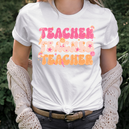 Teacher Repeat (Pink Orange w/ Icons) Full Color DTF Transfers