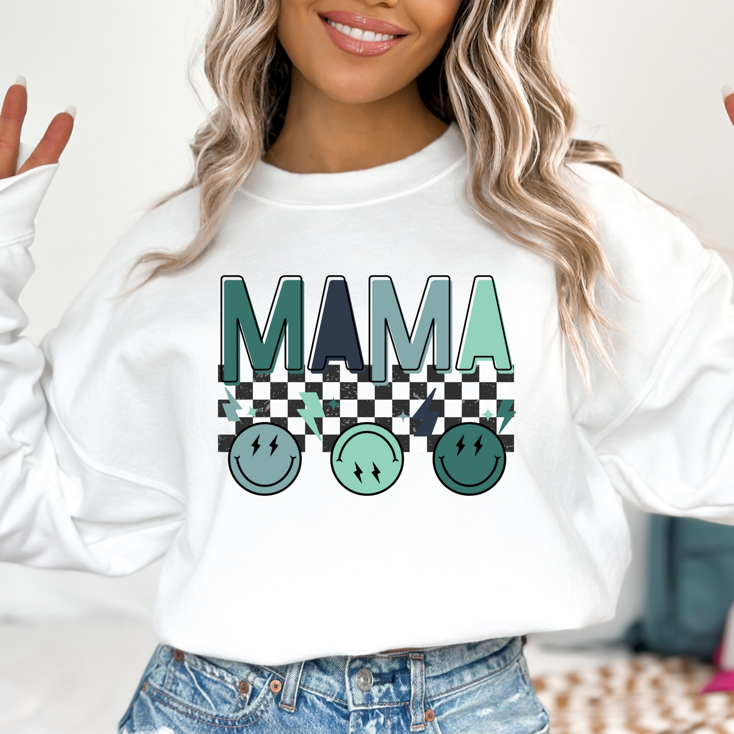 Mama Blue Smiley/Checkered (Bubs/Little Man Option) Full Color DTF Transfer