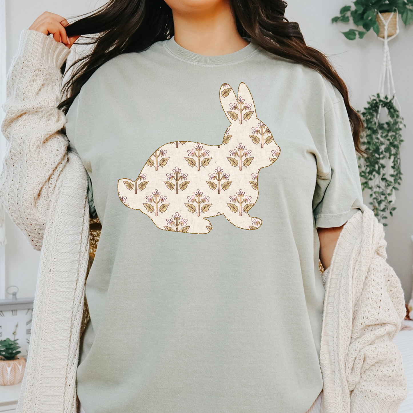 Tan Floral Bunny Rabbit Full Color DTF Transfer