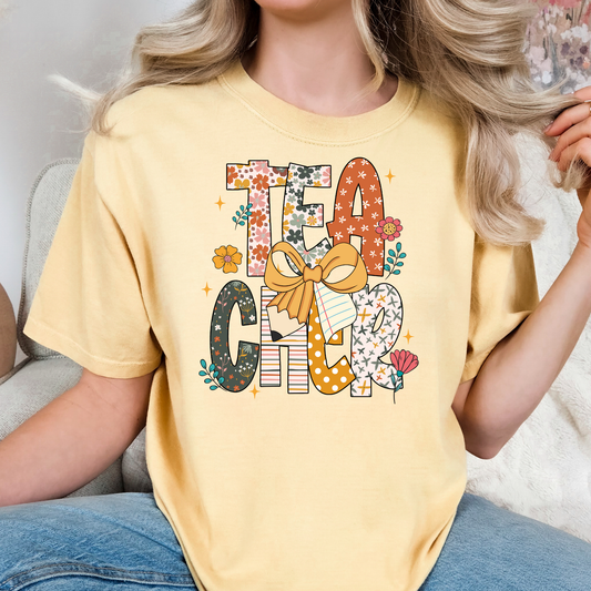 Teacher Floral Patterns w/ Bow Full Color DTF Transfer