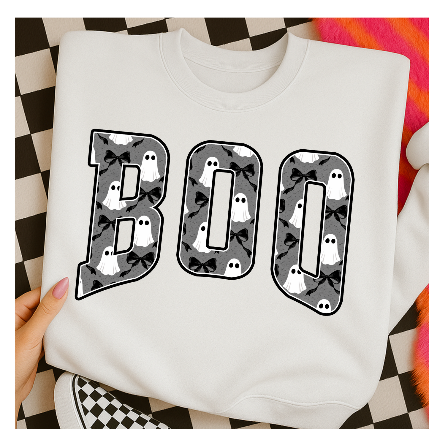 Boo (Ghost/Bow Filled Letters) Full Color DTF Transfer