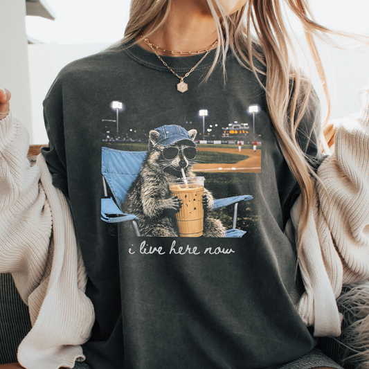 I Live Here Now (Baseball Park Raccoon) Full Color DTF Transfer