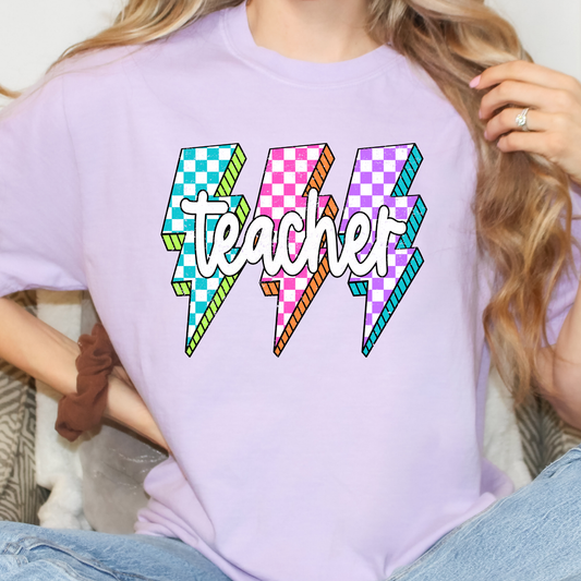 Teacher Multi Color Checkered Lighting Bolts Full Color DTF Transfer