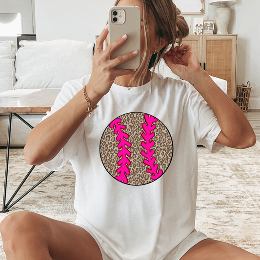 Leopard Baseball (Pink Stitches) Full Color DTF Transfer