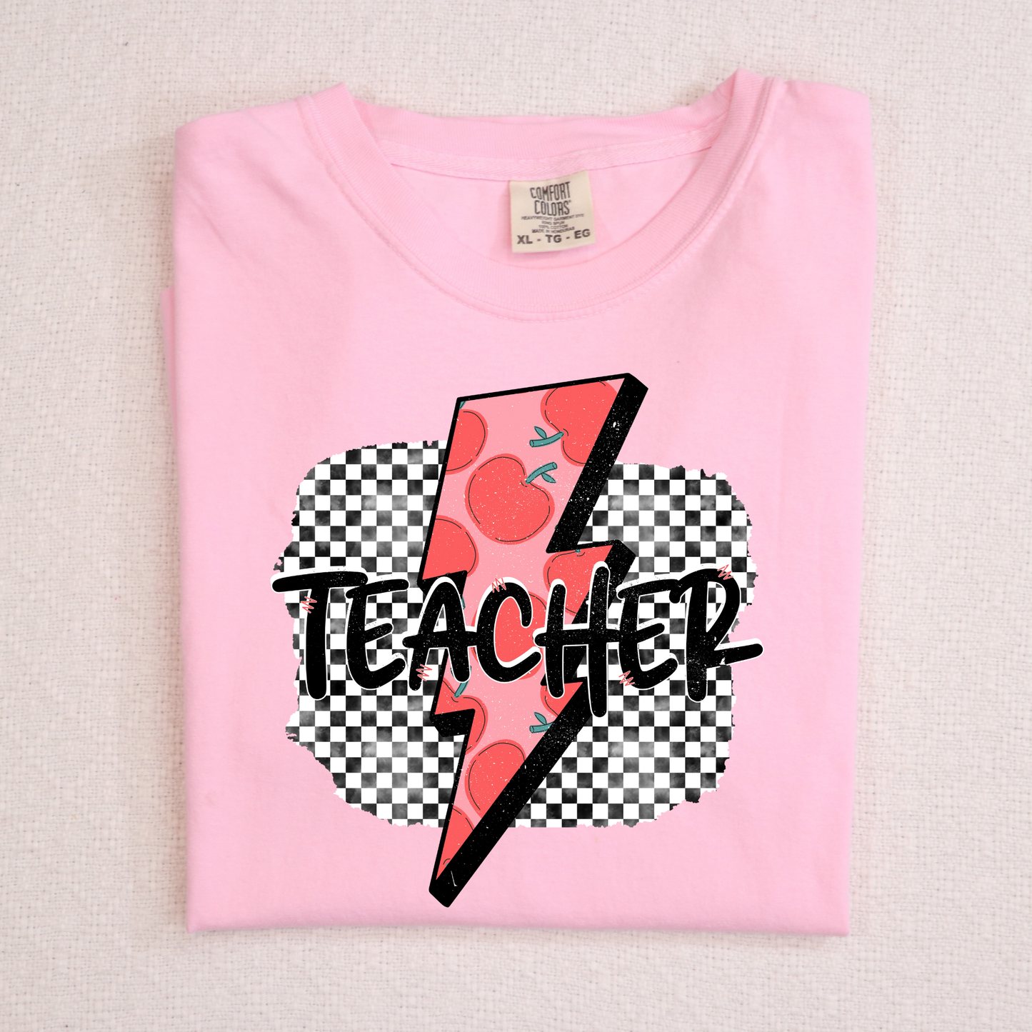 Teacher (Apple Lightening Bolt) Checkered Background Full Color DTF Transfer