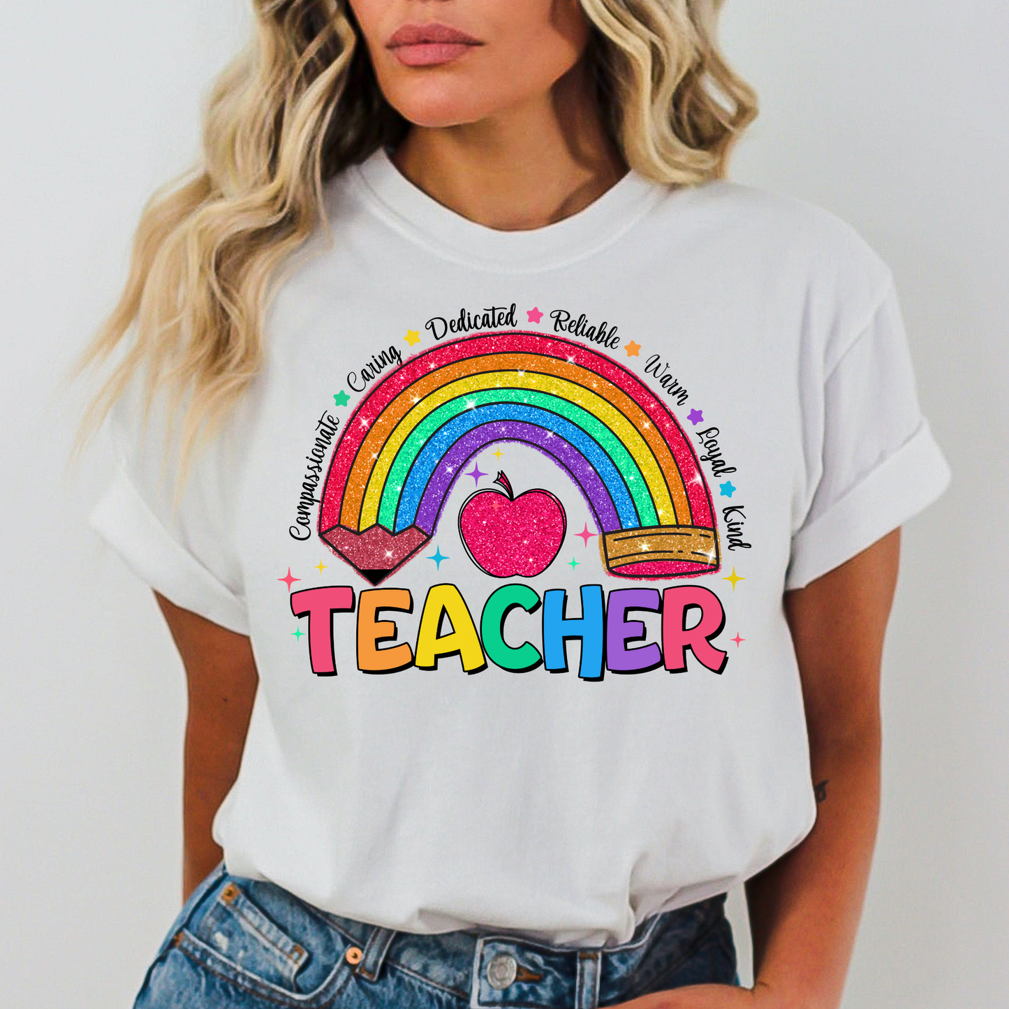 Teacher (Faux Glitter Rainbow) Full Color DTF Transfer