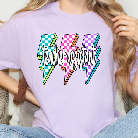 Teacher Assistant Multi Color Checkered Lighting Bolts Full Color DTF Transfer