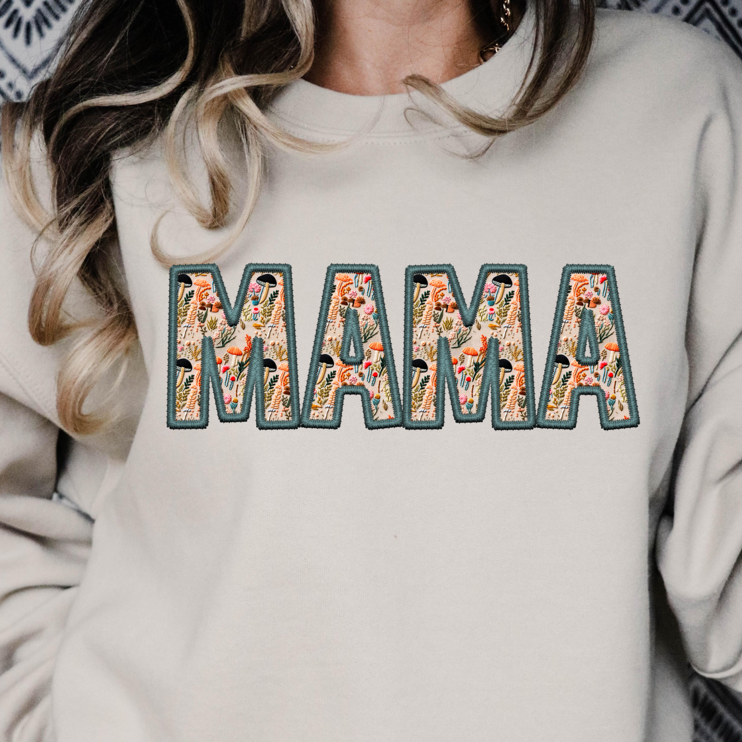 Floral Green Mama Faux Embroidery Full Color DTF Transfers