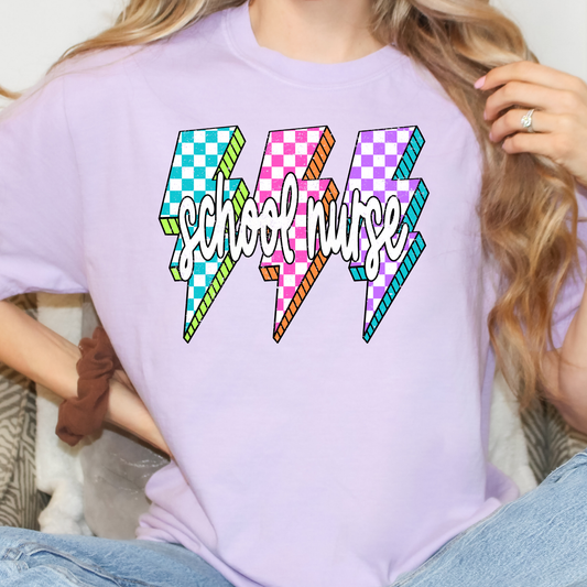School Nurse Multi Color Checkered Lighting Bolts Full Color DTF Transfer