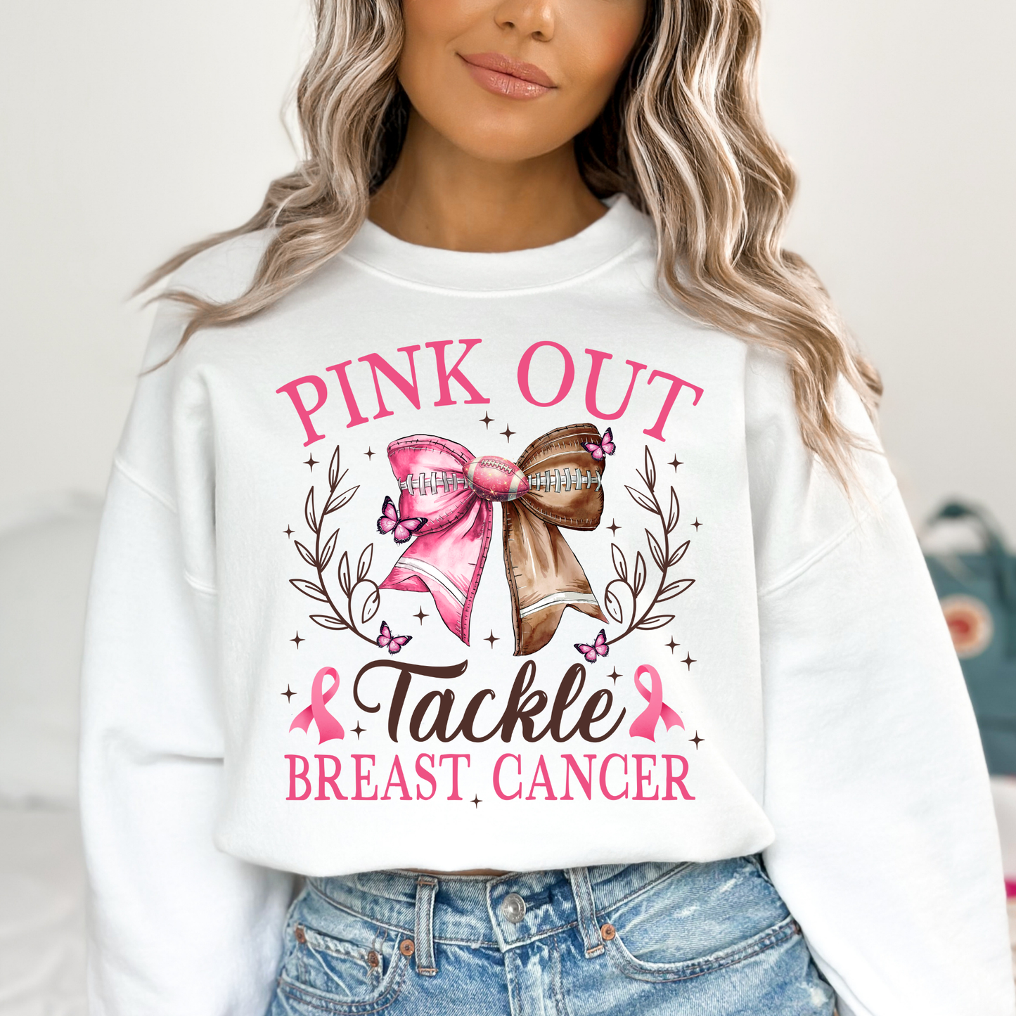 Pink Out Tackle Breast Cancer (Bow) (Breast Cancer Awareness) Full Color DTF Transfer