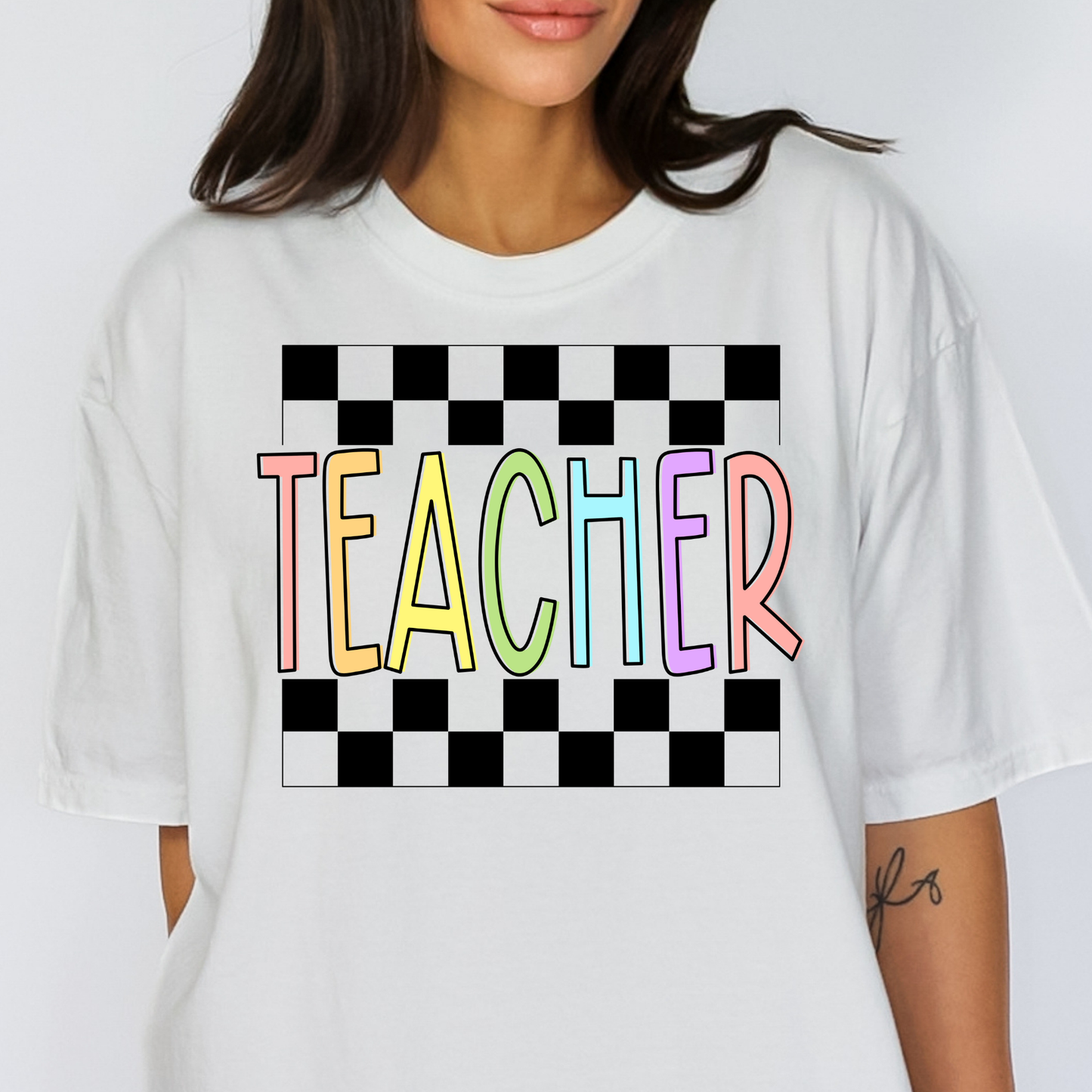 Teacher (Colorful) w/ Checkered Background Full Color DTF Transfer