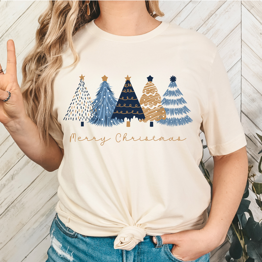 Merry Christmas Blue/Gold Trees Full Color DTF Transfer