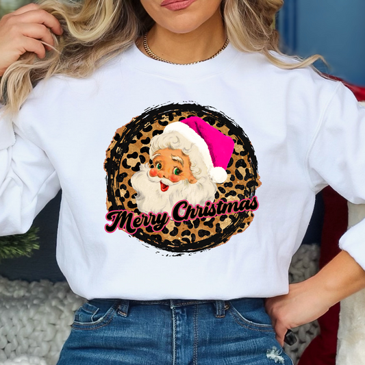 Merry Christmas Santa w/Pink Hat and Leopard Background Full Color DTF Transfer