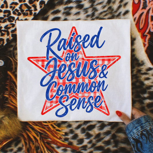 Raised On Jesus and Common Sense Full Color DTF Transfer