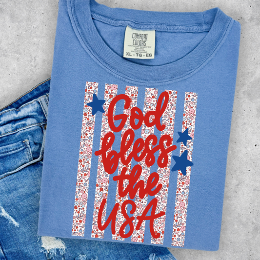 God Bless The USA (Floral Stipes) Full Color DTF Transfer