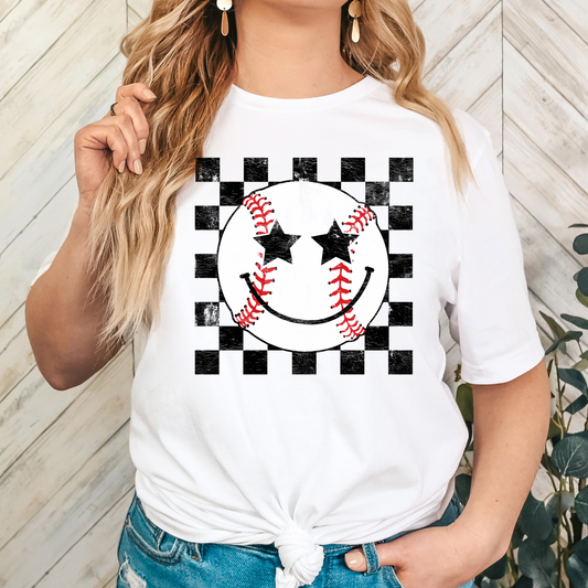 Baseball Smiley (Checkered) Full Color DTF Transfer